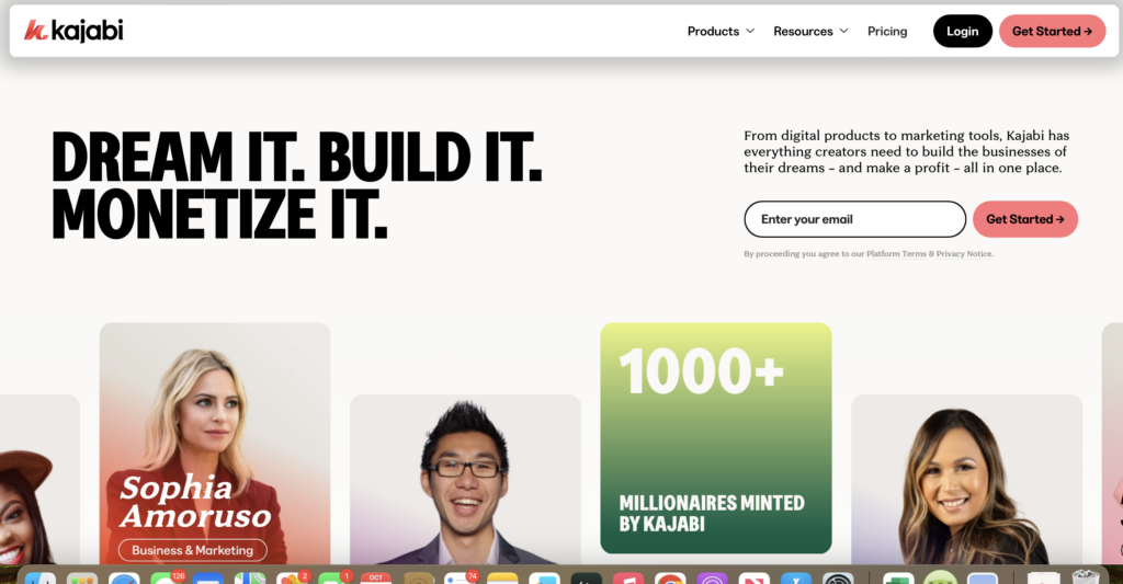 screenshot of Kajabi home page. "Dream it. Build it. Monetize it." option to enter email to get started.