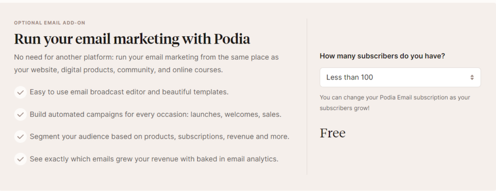 screenshot of optional email add-on for Podia: Run Your Email Marketing with Podia