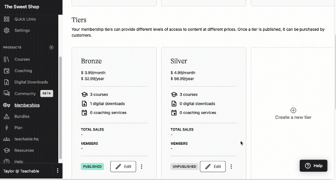 screenshot of setting up a Teachable membership site: Tiers menu - options shown are Bronze and Silver