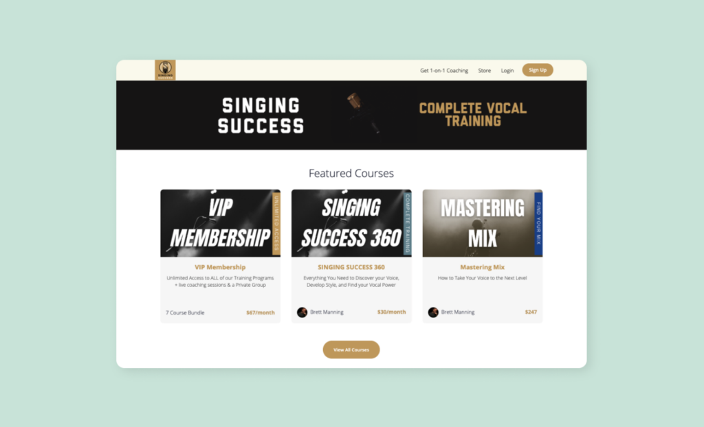 Screenshot of Signing Success home page: Complete Vocal Training showing option to click VIP membership