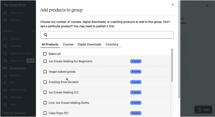 Screenshot setting up a Teachable membership: Add products to group with menu to select from a drop down of existing courses