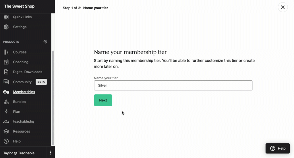 Screenshot setting up a Teachable membership site, Step 1 of 3: Name Your Membership Tier