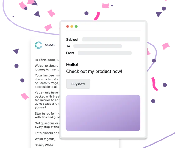 email box over Thinkific email template with confetti, text in email box "Hello! Check out my product now!" Buy now