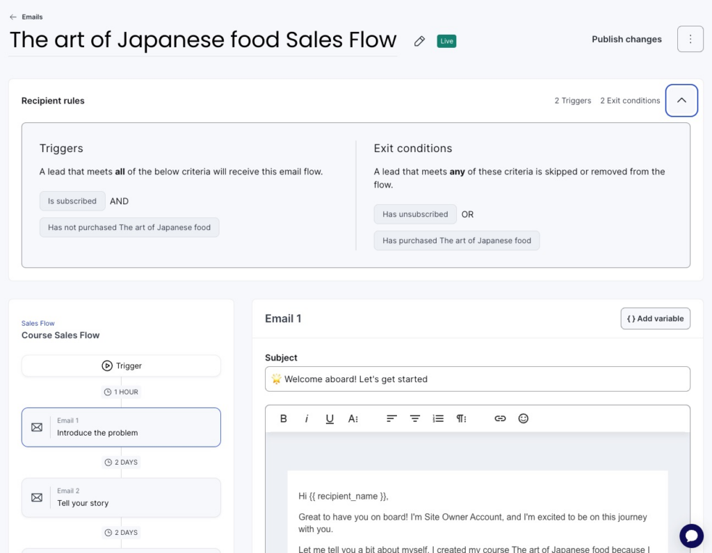 Thinkific email overview example of "The Art of Japanese food Sales Flow" showing recipient rules--triggers, exit conditions, sales flow, and email preview