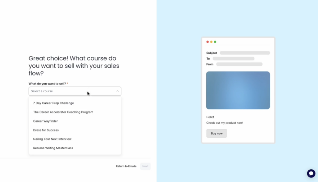 Thinkific email menu on left hand side of screenshot "Great choice! What course do you want to sell with your sales flow?" with menu dropdown of courses. On right hand side, image of email box