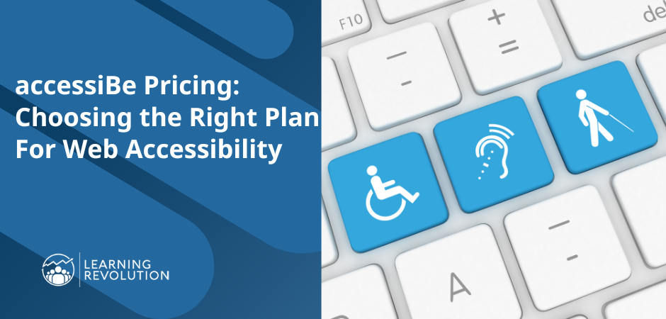 accessiBe Pricing: Choosing the Right Plan For Web Accessibility text on right, keyboard with image of accessibility symbols on keyboard to right