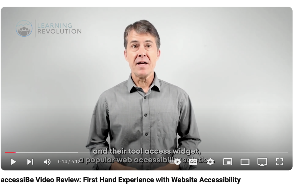 screenshot from Learning Revolution's review of accessiBe on YouTube. image of founder Jeff Cobb talking with text at bottom  "accessiBe Video Review: First Hand Experience with Website" Accessibility