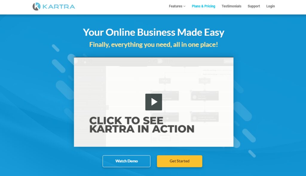 Kartra homepage screenshot: Your online business made easy (text at top); image of video to play "Click here to see Kartra in action"